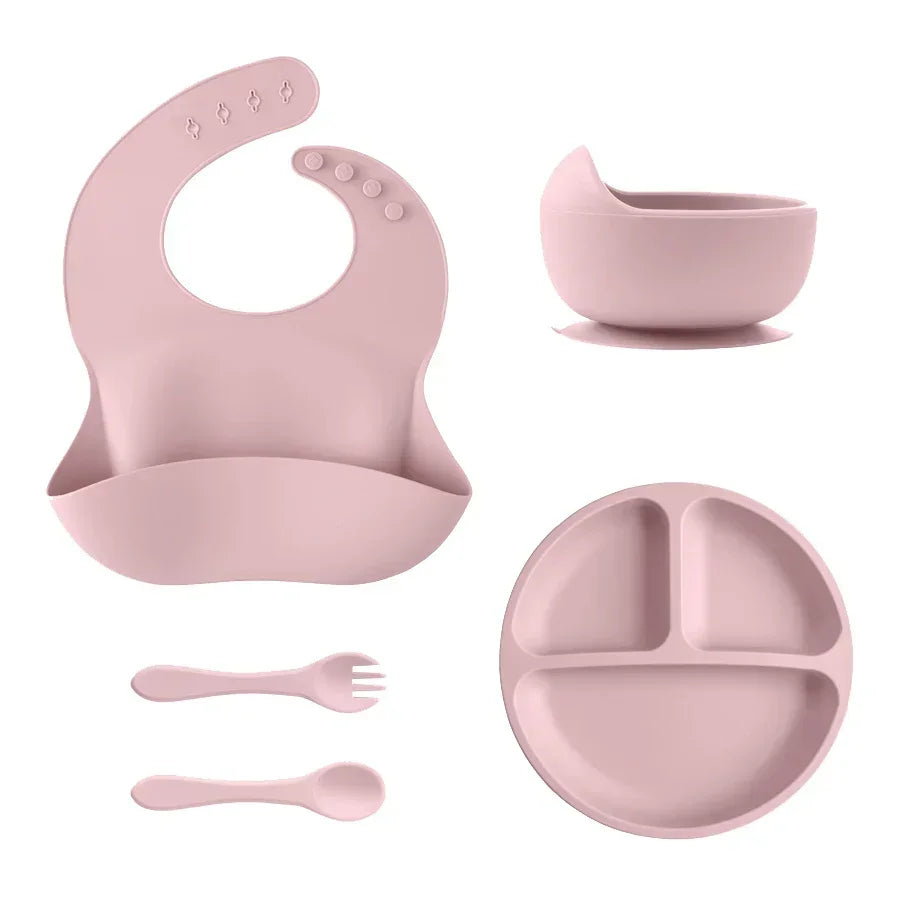 5-piece silicone set with coordinated colors - complete mealtime solution