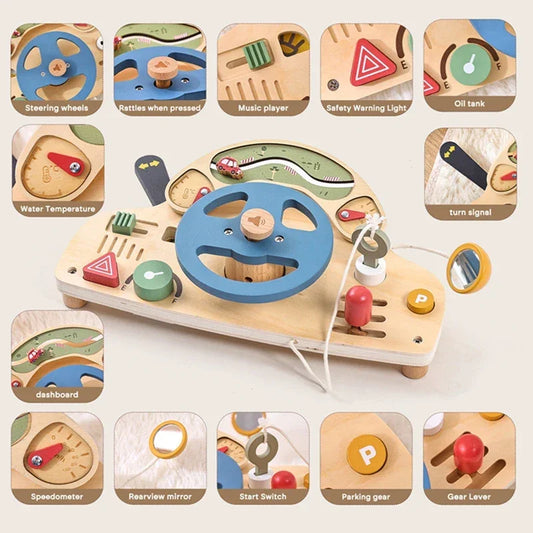 Montessori busy board showing gears, switches, buttons and moving parts