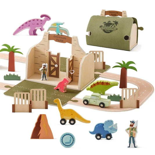 Wooden dinosaur blocks for creative scene building and imaginative play