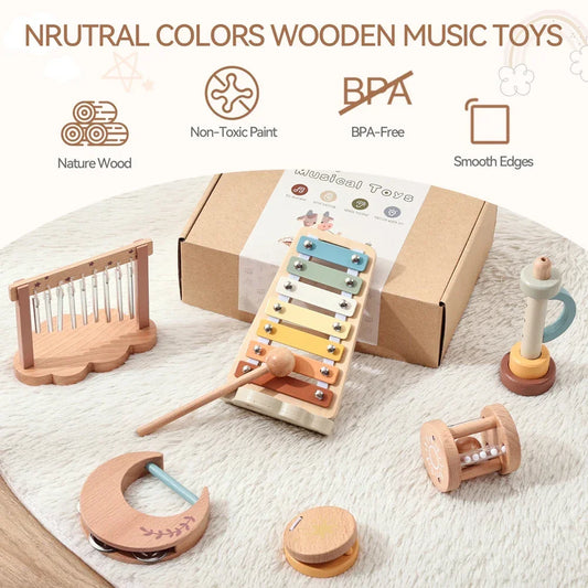 Wooden music toy showing xylophone, bells, shakers and percussion