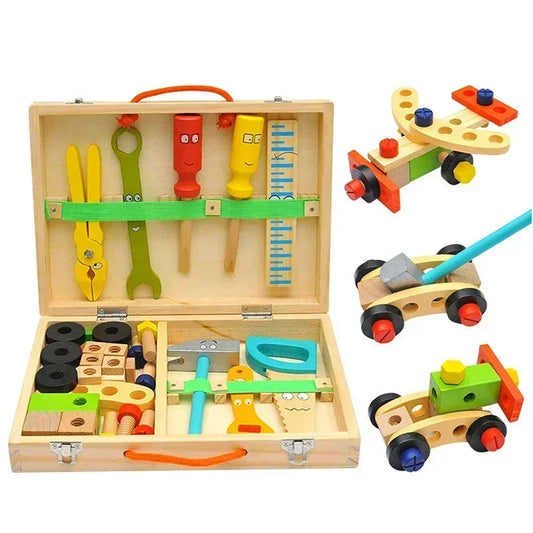 Complete wooden tool set with toolbox, hammer, saw and screwdrivers