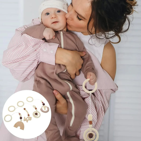 Wooden beads and teether for play gym attachment - natural wood