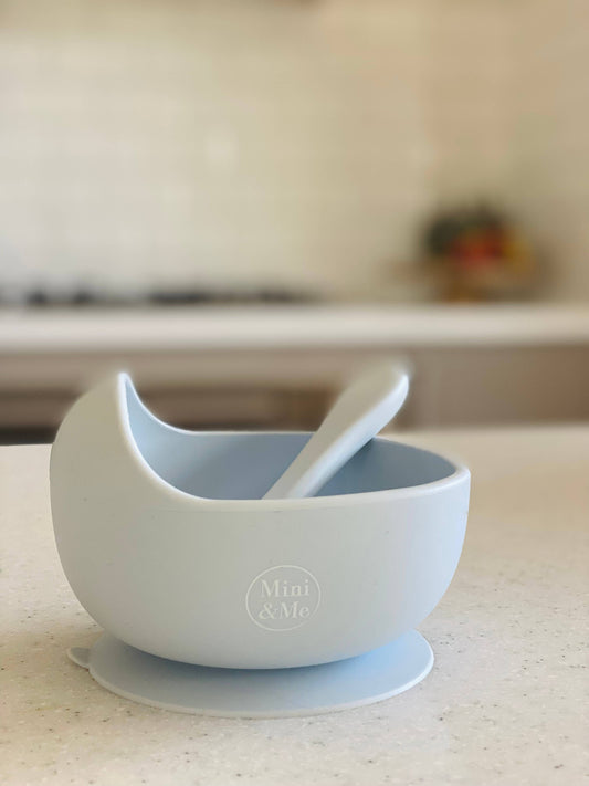 A close-up showing the soft textures and quality craftsmanship of the Mini & Me Wave Bowl & Spoon Ice Blue.