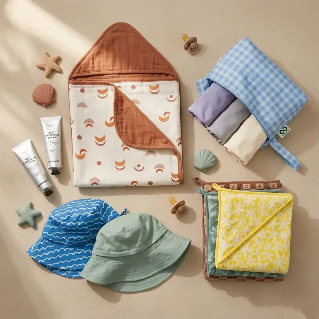 Premium baby beach essentials flat-lay including a hooded moon-pattern towel, a blue wave-print swim hat, a checkered wet bag, and mineral sunscreen on a neutral coastal background
