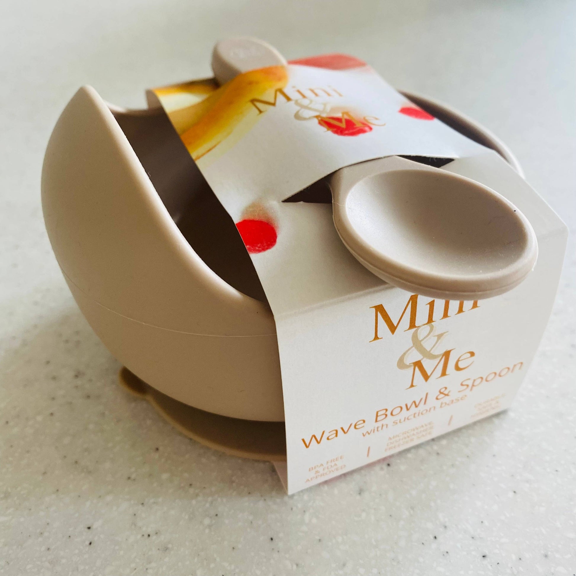 A close-up showing the soft textures and quality craftsmanship of the Mini & Me Wave Bowl & Spoon Almond.