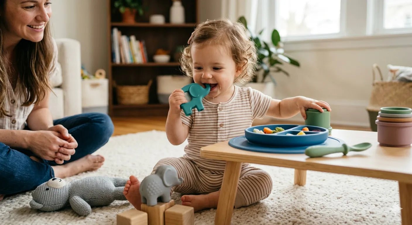 Child playing with toys and a plate of food on a table, with a woman sitting nearby.