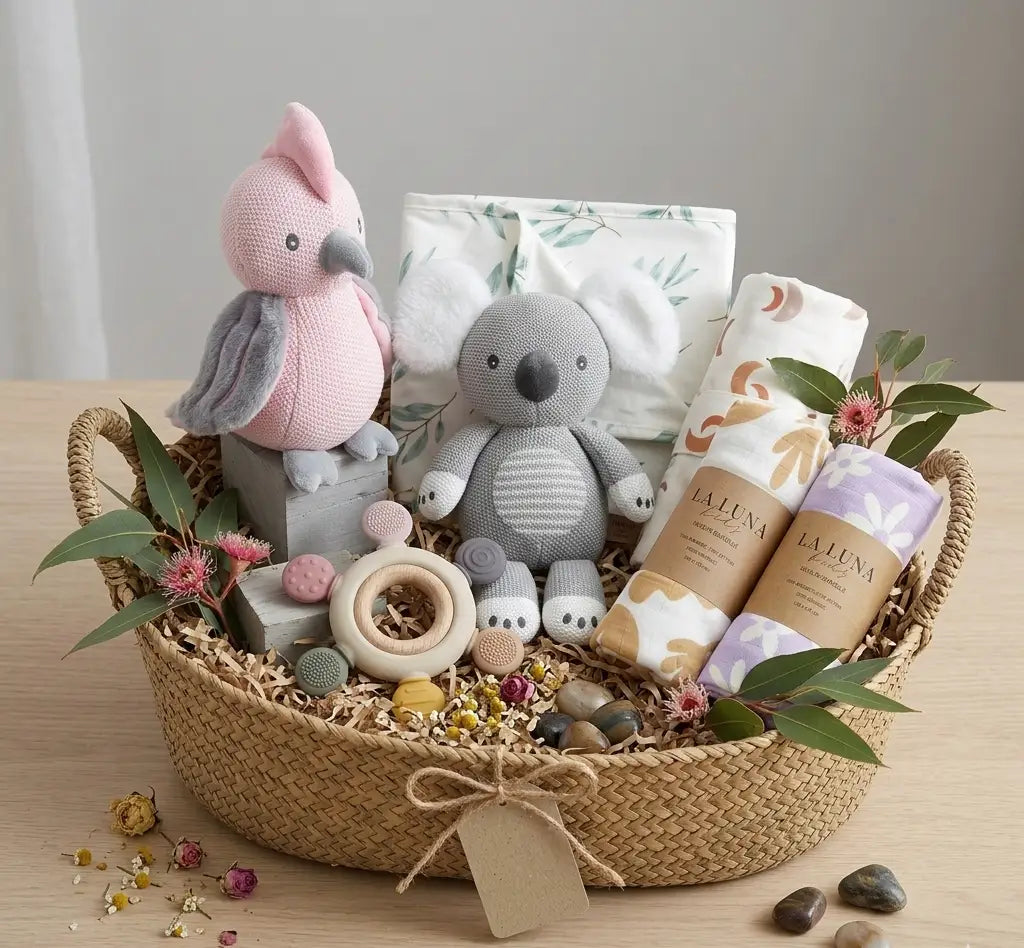 Stunning knitted toys, swaddles, change mat, and teether in a gift basket for newborns with flowers and decoration. - Tiny Moments Co