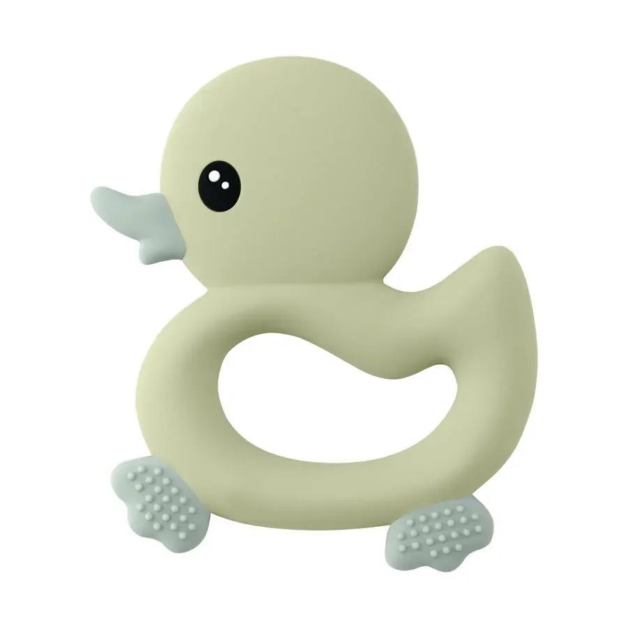 Duck baby teether showing soft flexible silicone material