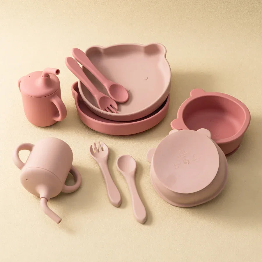 Baby feeding set showing all components - complete mealtime solution