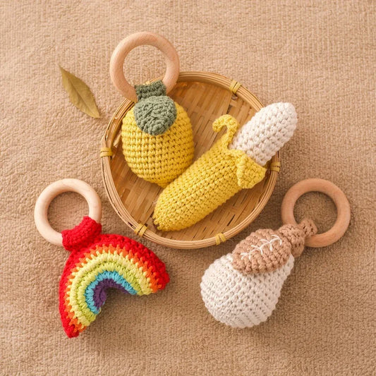 Crochet fruit teether with wooden ring - handcrafted rattle toy