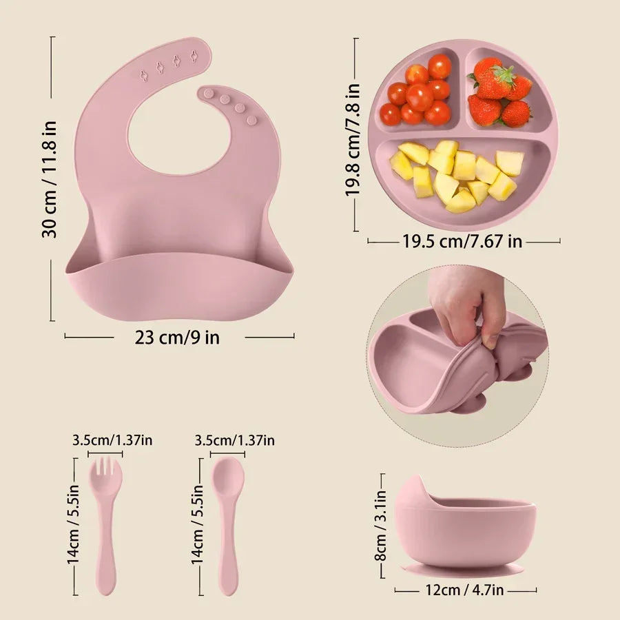 5-piece feeding set in pink - BPA-free food-grade silicone