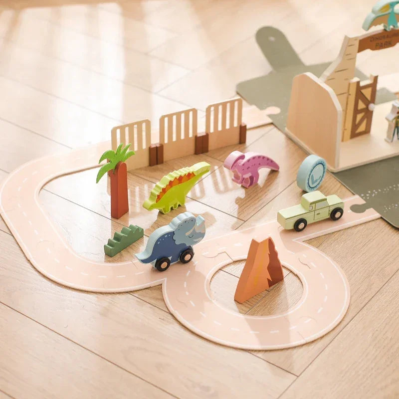Montessori building blocks with colorful dinosaur shapes