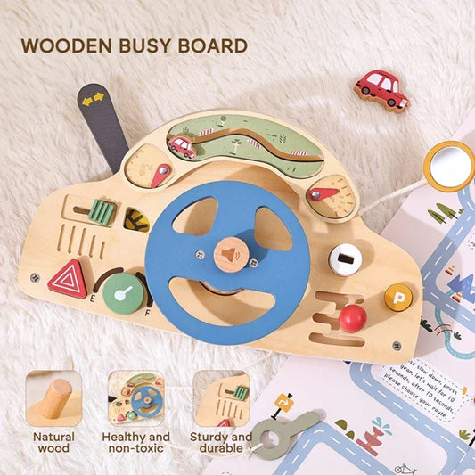 Wooden busy board with steering wheel - sensory activity toy for toddlers