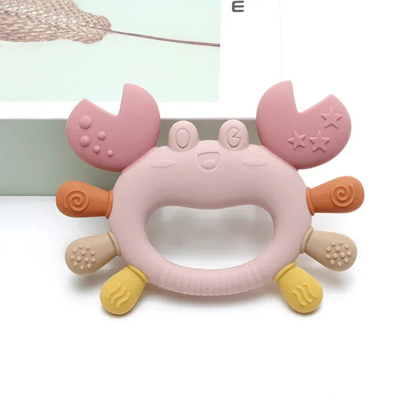 Blue crab baby teether showing food-grade silicone construction