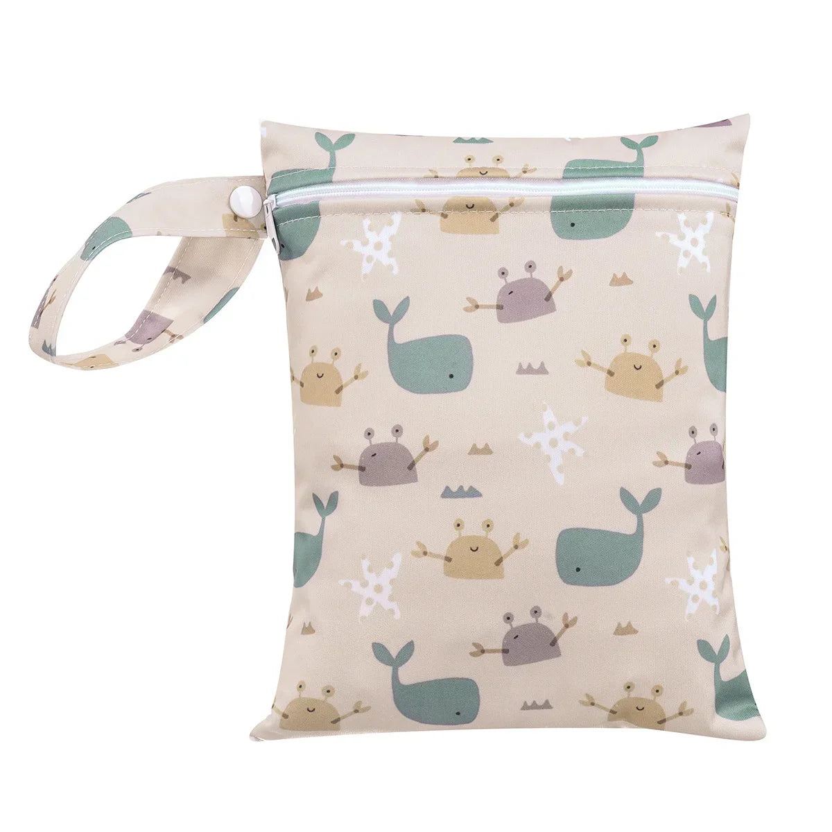 Small wet bag showing snap closure and carry handle