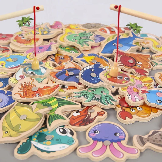 Wooden magnetic fishing game with colorful fish and fishing rod