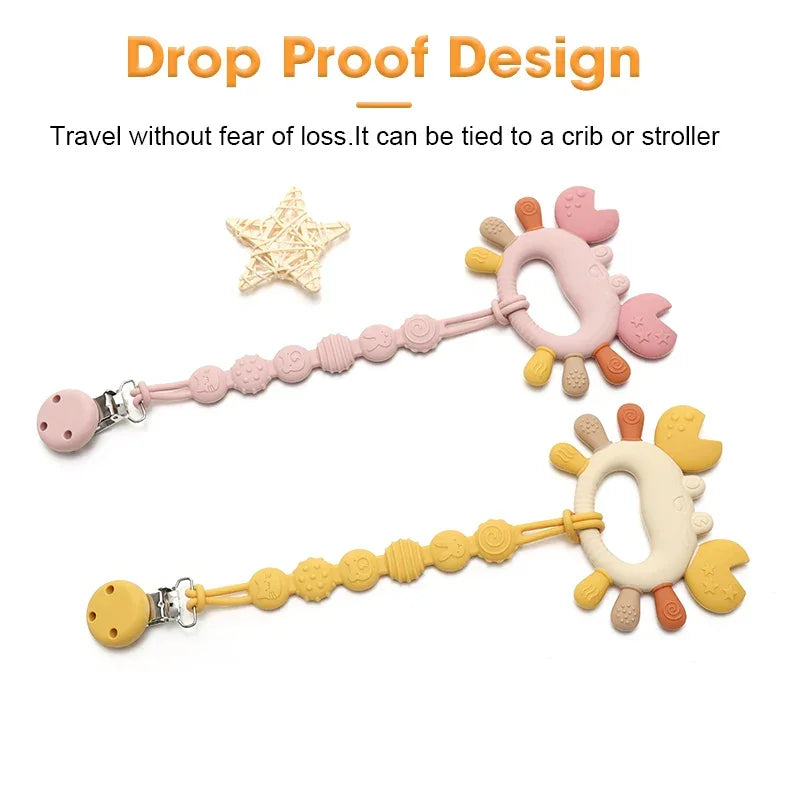 Crab teether color options - pink, blue, green, orange, yellow, purple