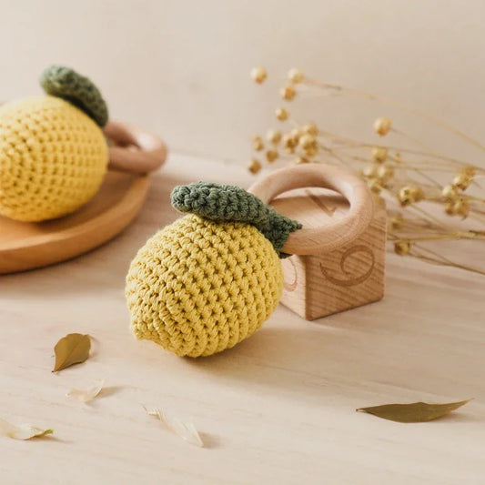 Wooden teething ring with soft crochet fruit pendant - strawberry, lemon