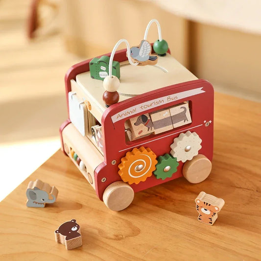 Montessori busy box - 5-in-1 wooden activity bus toy for babies