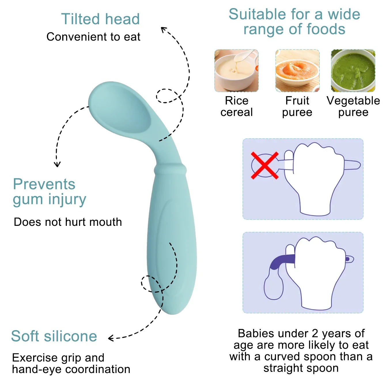 Close-up of silicone baby spoon showing soft flexible tip