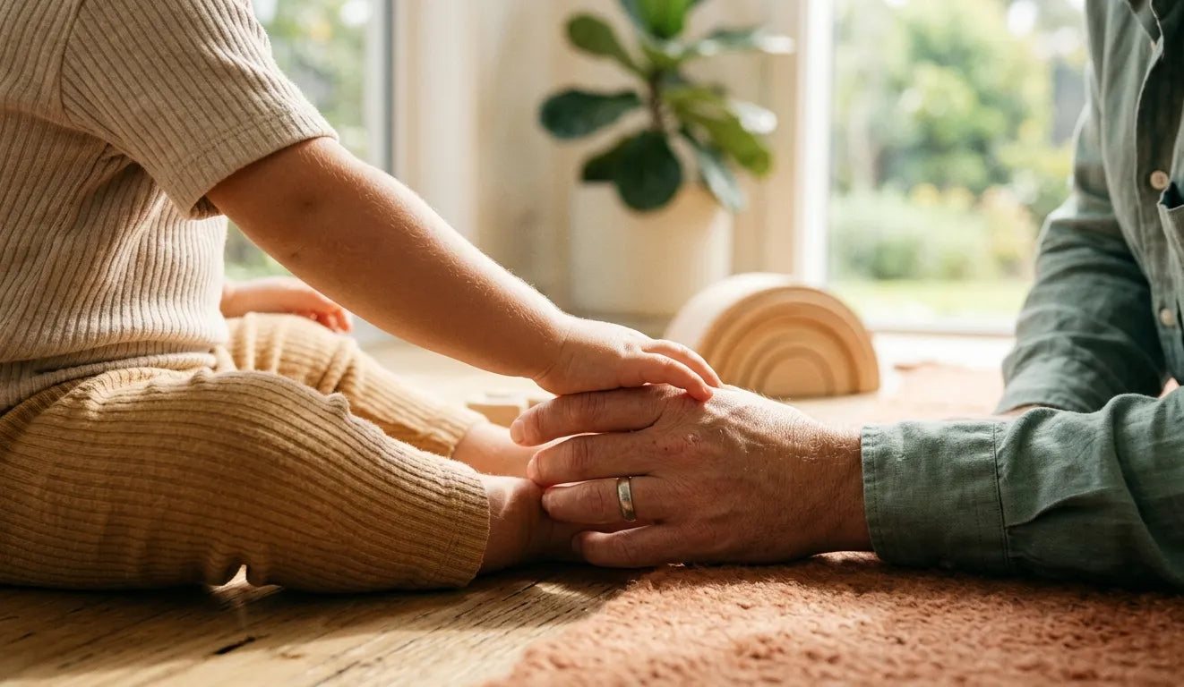 Baby and parent holding hands, background is blurry