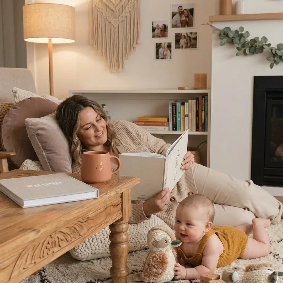 Mum reading a Becoming mama book, Shes lating down on pillows next to baby playing with plush toy and smiling