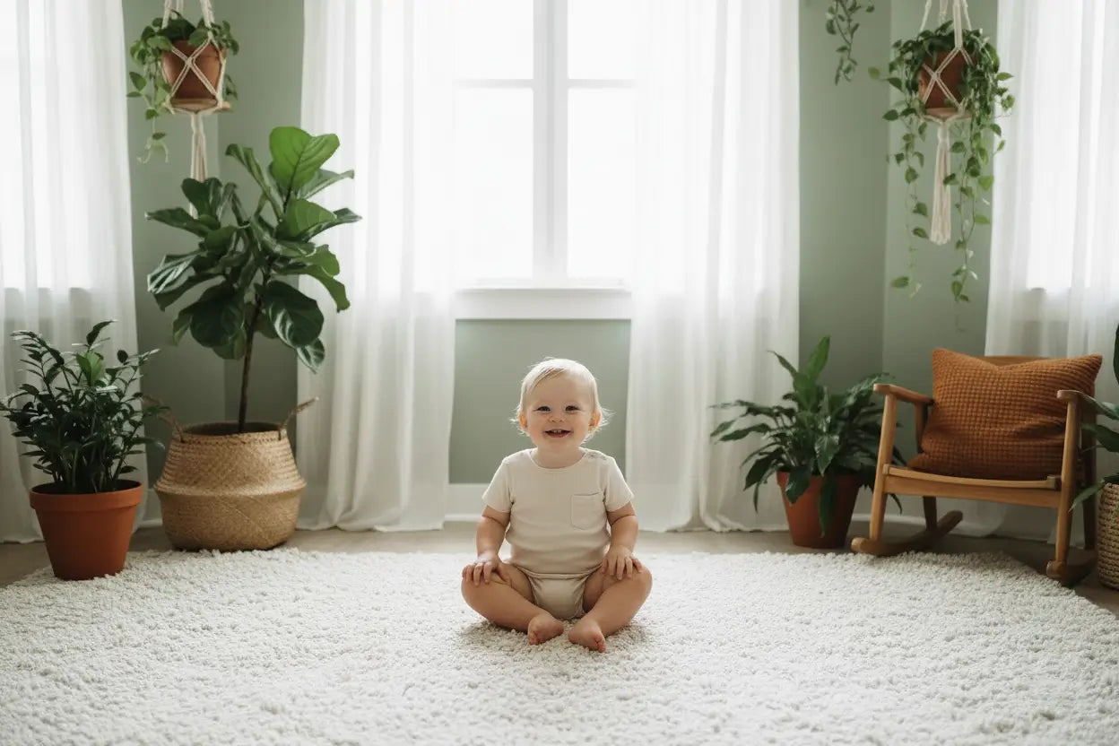 Happy baby sitting on a fluffy rug sourunded by plants in a sunlit room