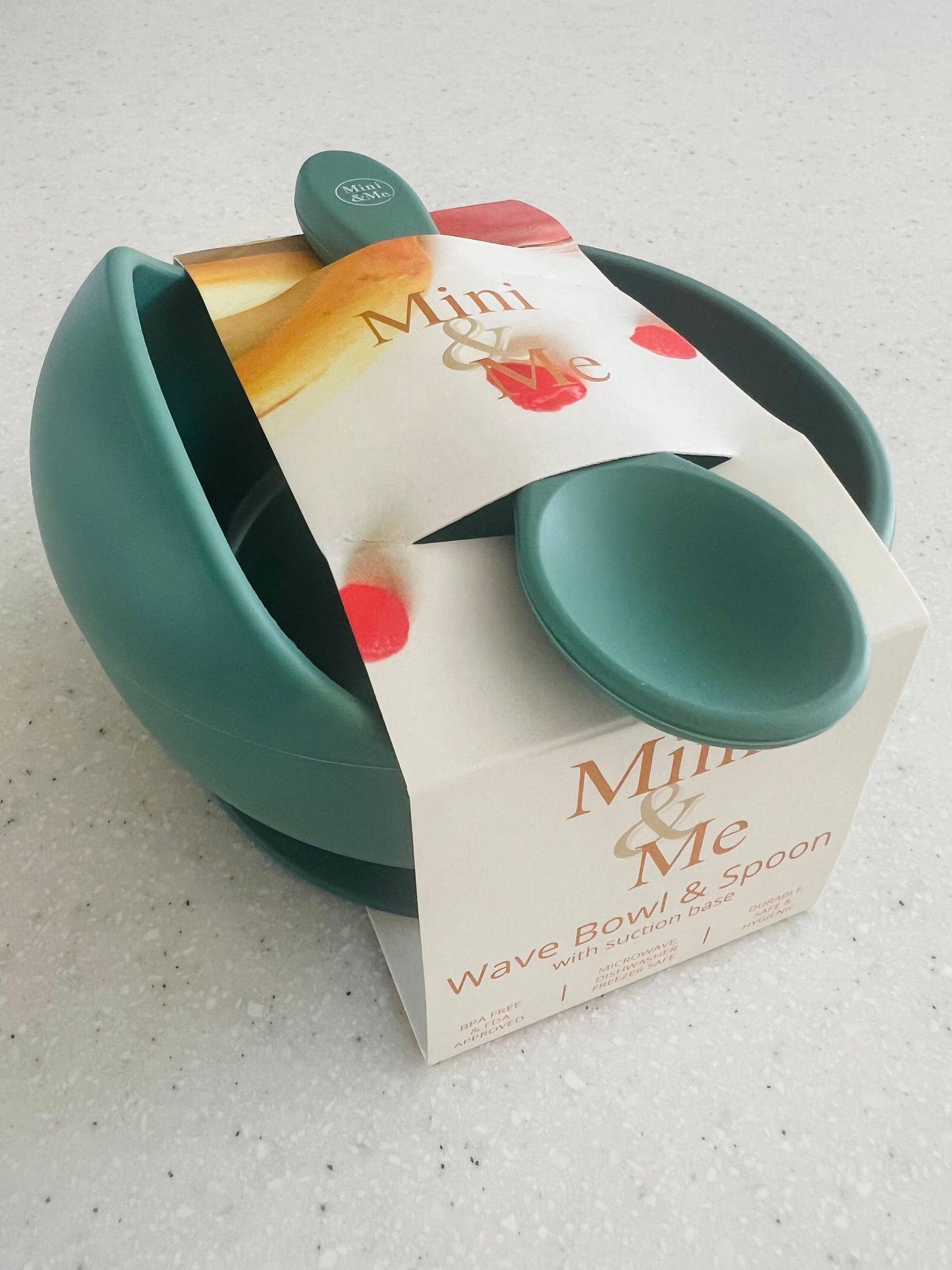 A close-up showing the soft textures and quality craftsmanship of the Mini & Me Wave Bowl & Spoon Kale.