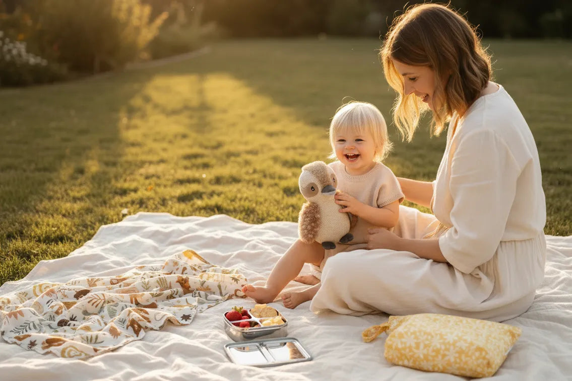 Woman and child sitting on a picnic blanket in a park with a teddy bear.