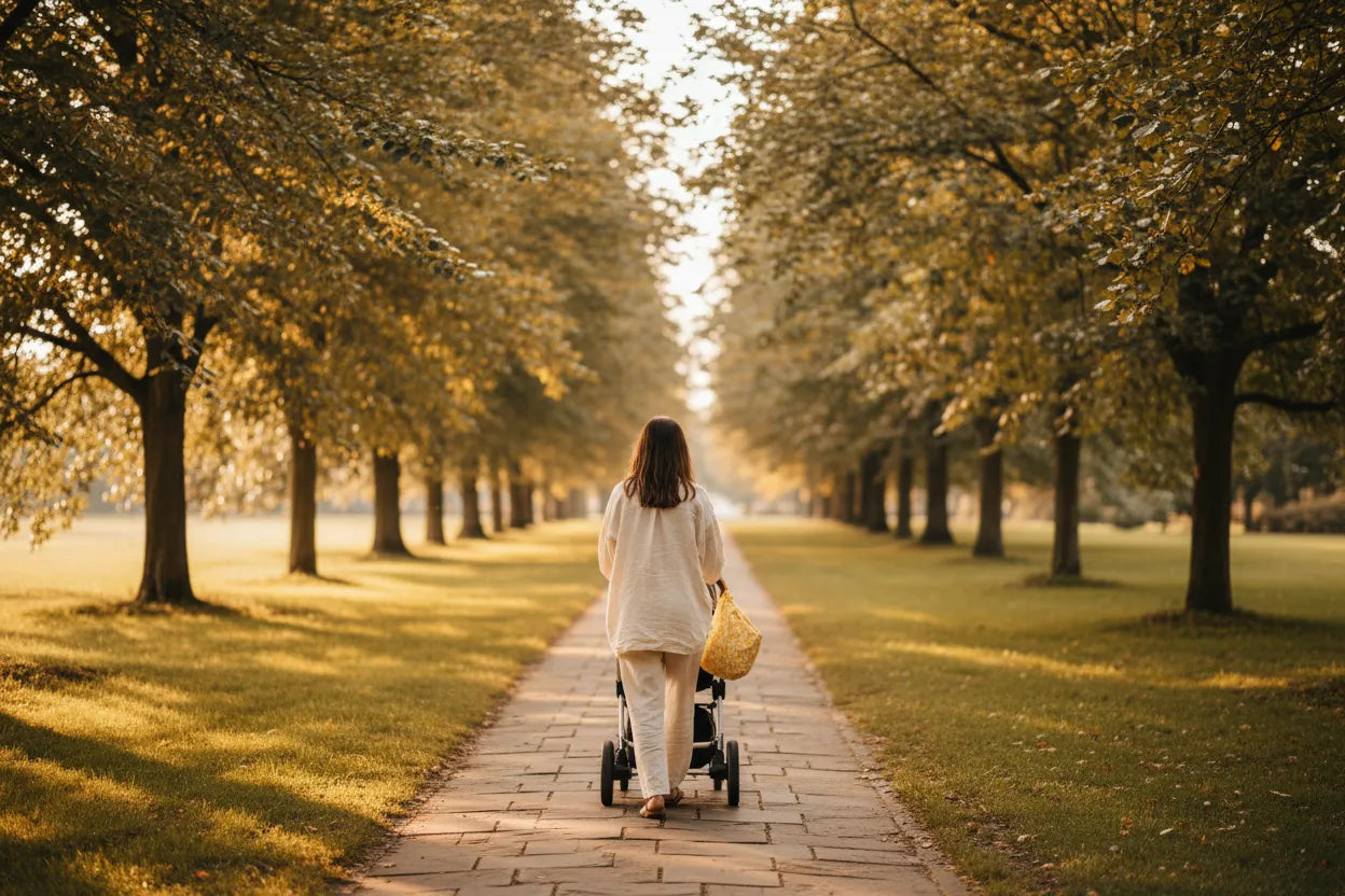 Women with pram walking down a road with trees on both sides, its a sunny day